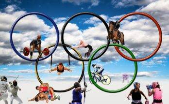 The blue sky surrounded by clouds, under which the Olympic players are playing in their various sports.