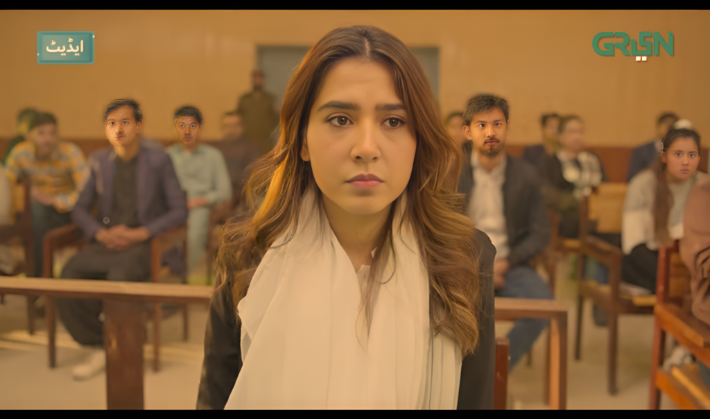 In the OST of Idiot Drama, Mansha Pasha is standing in the court
